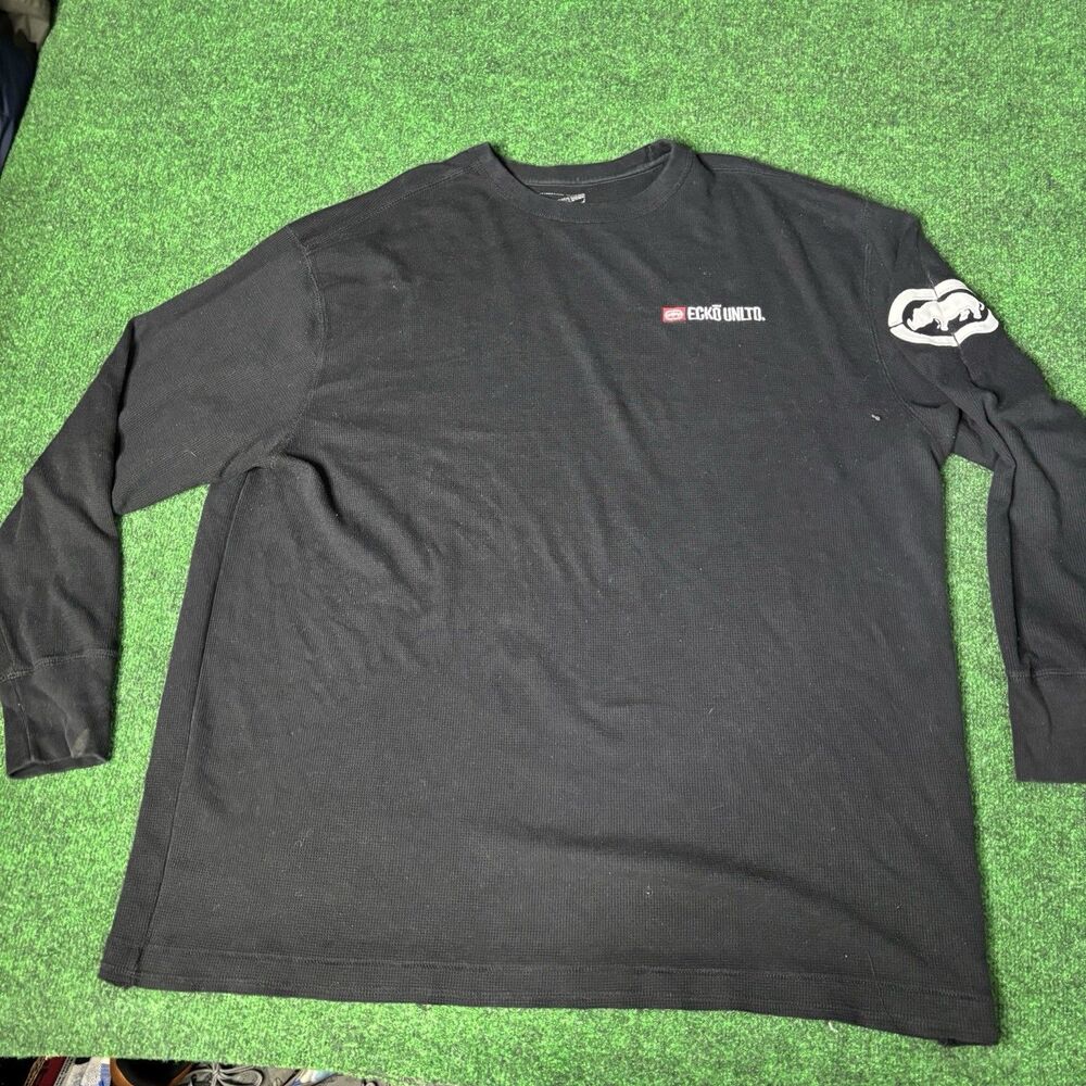 Ecko Unltd Long Sleeve Thermal Shirt Mens L Black Waffle Knit Rhino Logo